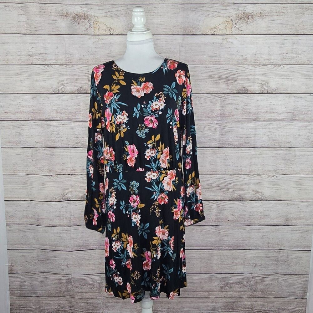 LOFT Women's Black Floral Bar Back Long Sleeve Mini Flare Dress Size 12 NWT
